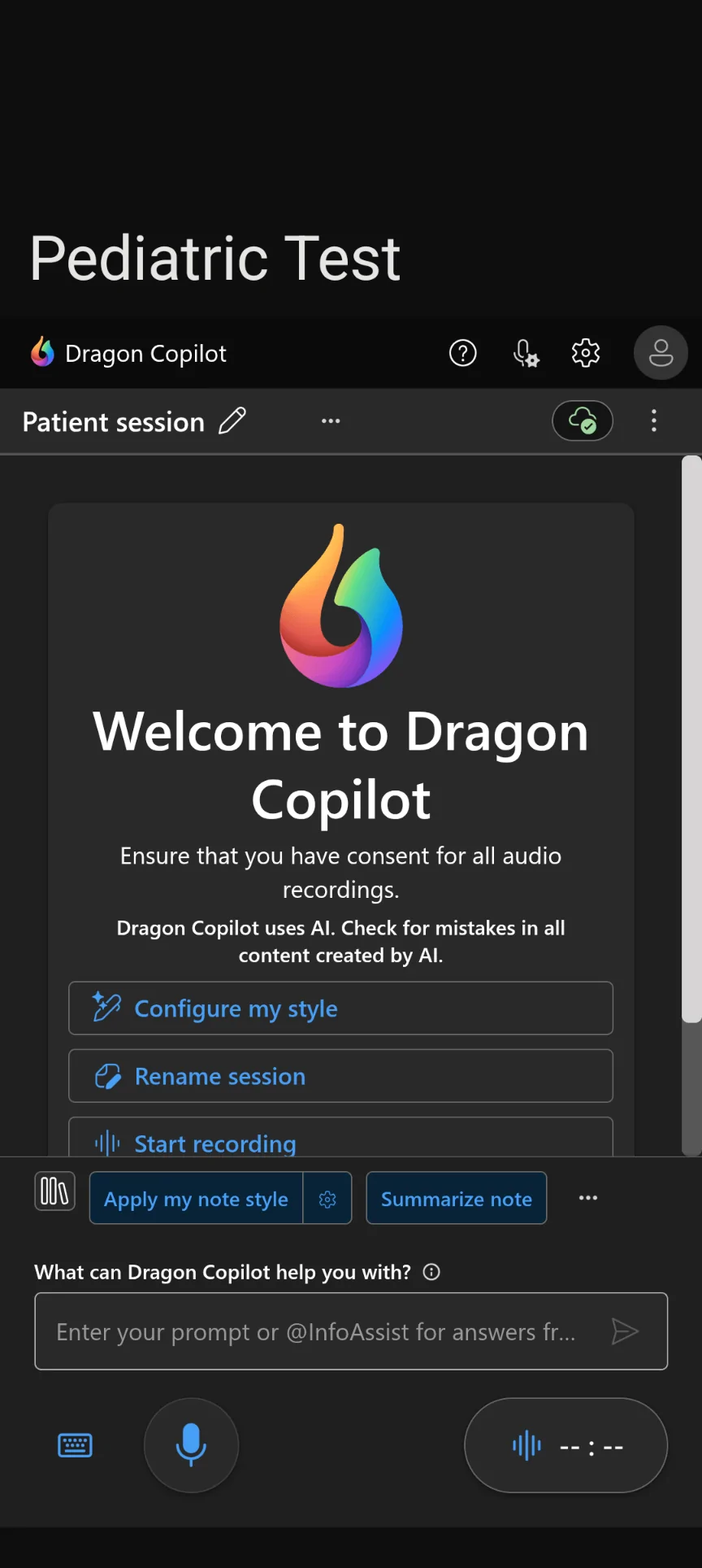 Dragon Copilot patient session screen