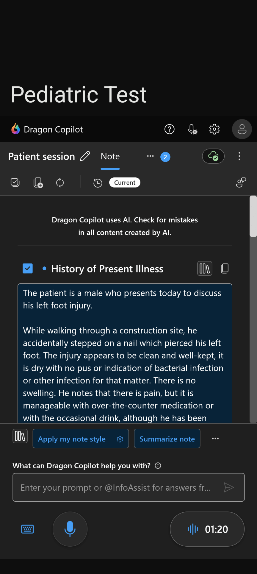 Dragon Copilot note screen