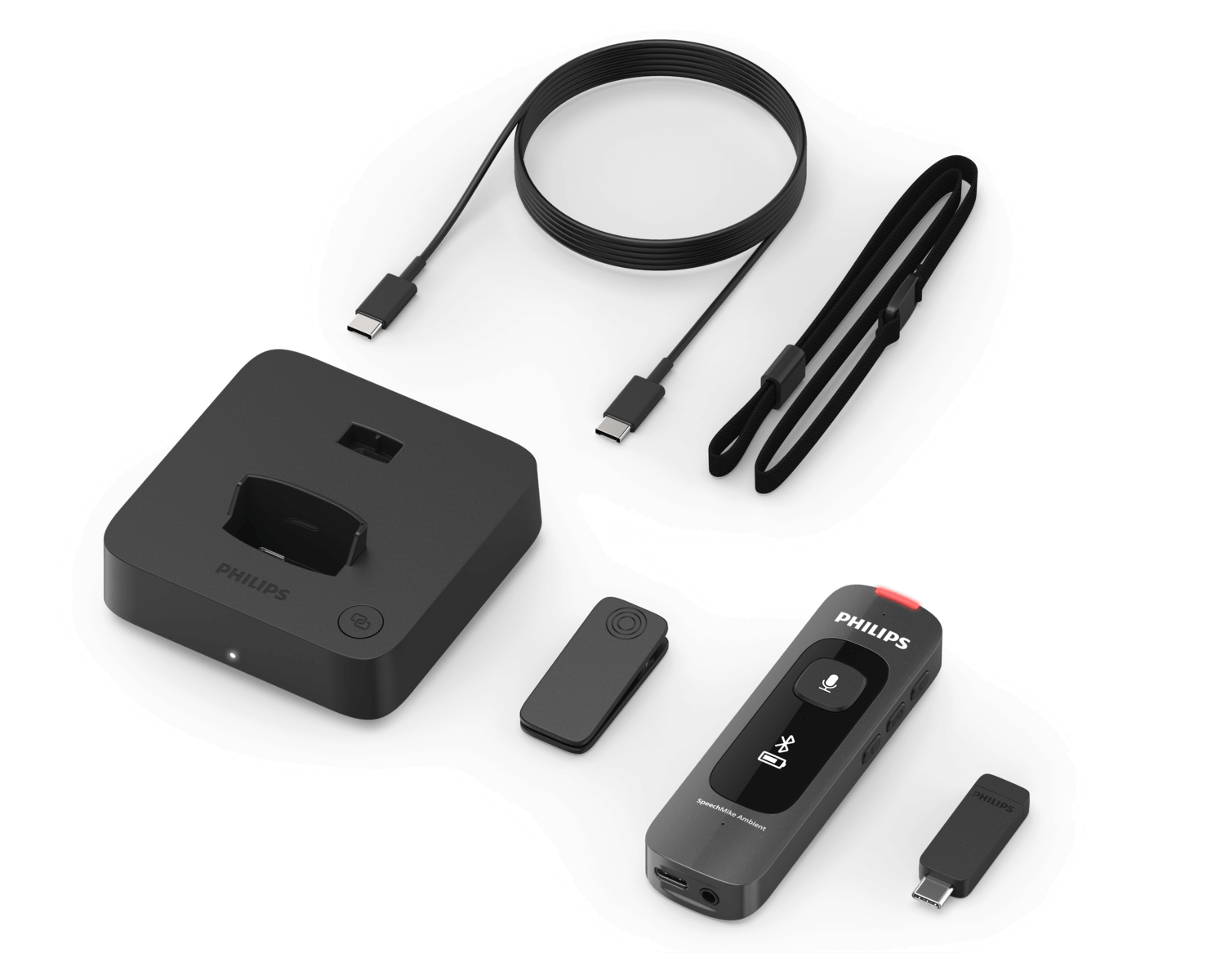 Philips SpeechMike Ambient PSM5000 kit with microphone, docking station, adapter, clip, strap, and cable