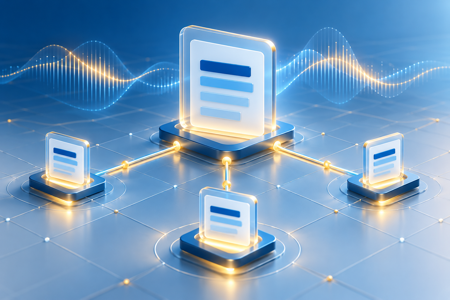 Blue and gold document tiles connected across a network, representing partner support for clinical documentation.